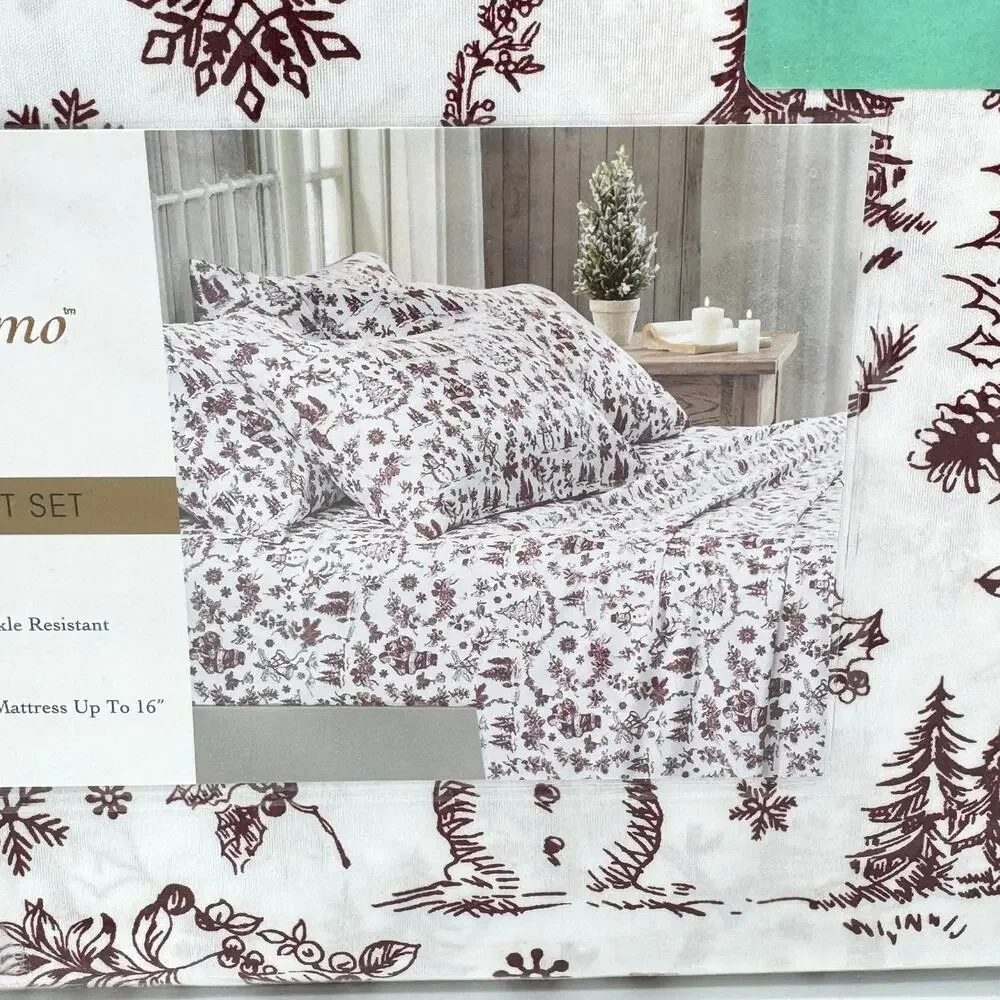 Wendy Bellissimo 6pc KING Santa Snowman Bells Red Winter Christmas Sheet Set NEW